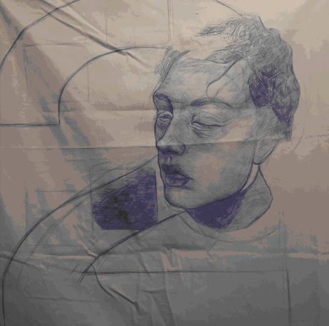 a portrait of a person, largely unfinished/partly finished, drawn in blue ink. the image is slightly posterized as i pulled this from a frame of a .gif.